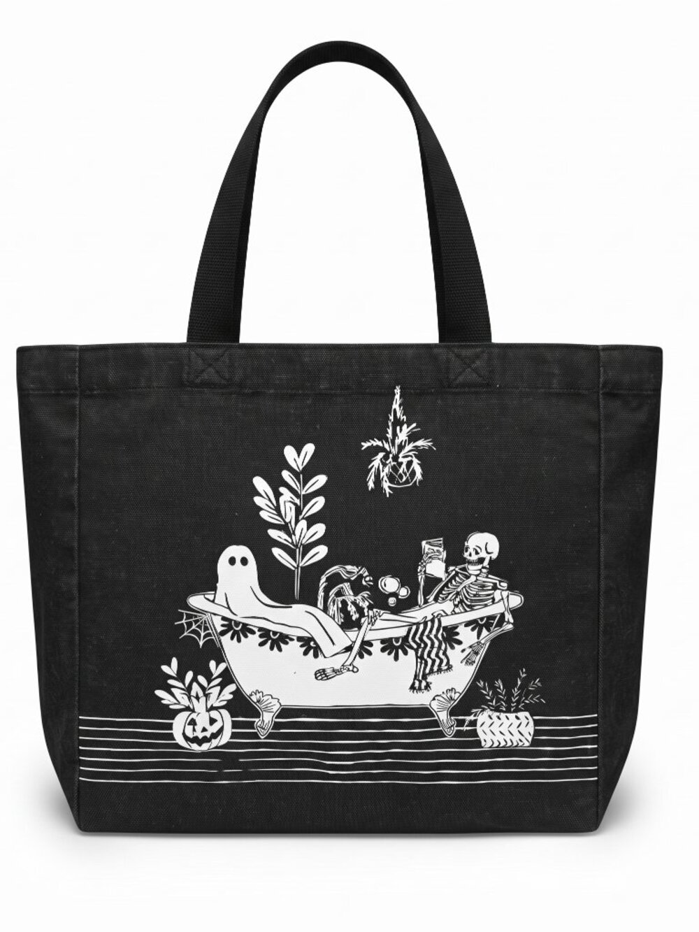 Black Cotton Halloween Tote Bag Skeleton Ghost Bathtub Gothic Spooky Shopper